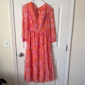 Coral and Pink Tiered Long Sleeve Midi Dress